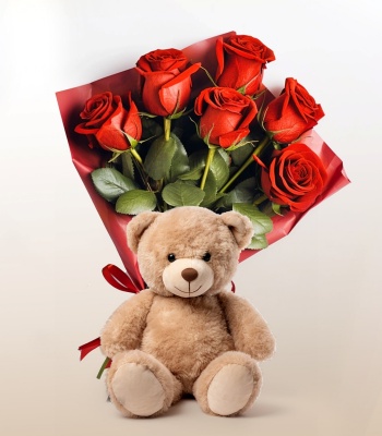 6 Red Roses and Teddy Bear