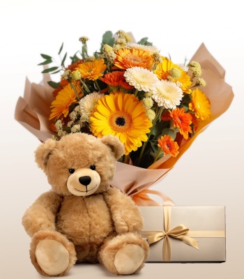 Flower Bouquet with Soft Toy and Chocolates