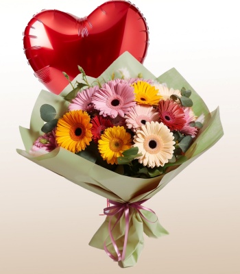 Gerbera Flowers and Hear Shape Balloon