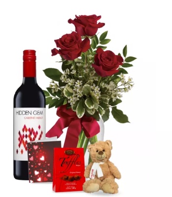 3 Red Roses and Red Wine Combo