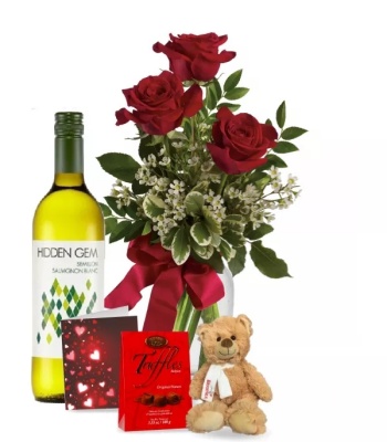 3 Red Roses and White Wine Combo