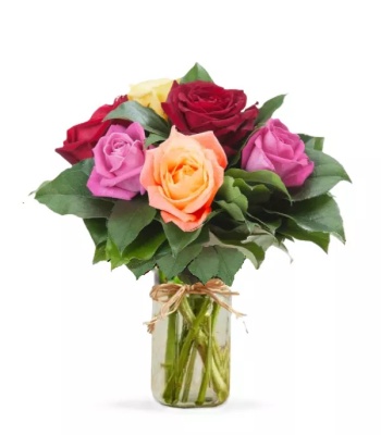 Assorted Roses in Mason Jar - 6 Stems