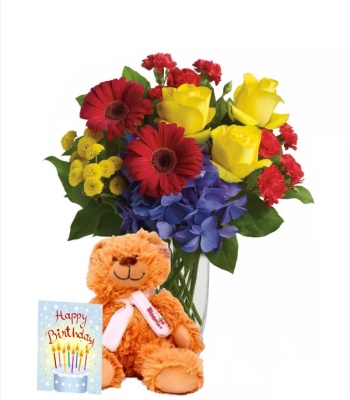 Birthday Flowers with Teddy and Card