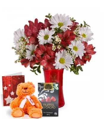 Christmas Flower Bouquet with Chocolates and Teddy