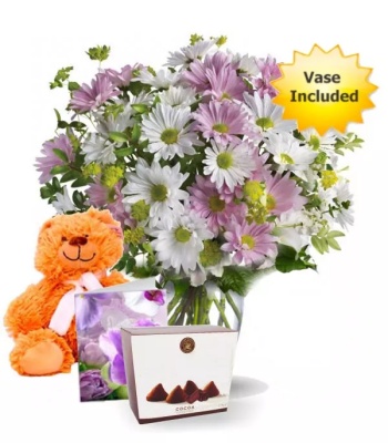 Daisy and Chrysanthemums with Chocolates and Teddy