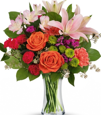 Orange Roses and Pink Lilies in Vase