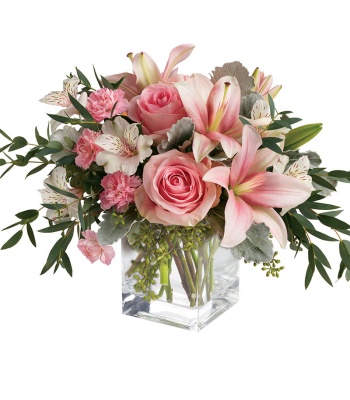 Pink Roses and Lilies in Vase