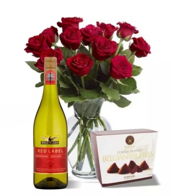 Red Roses with Wine and Chocolates