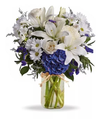 Sympathy Arrangement - White and Blue Flowers