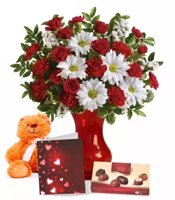 Valentine's Day Flowers with Chocolates and Teddy