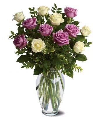 White and Lavender Roses - 12 Stems