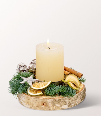 Christmas flower Arrangement with Cream Color Candle