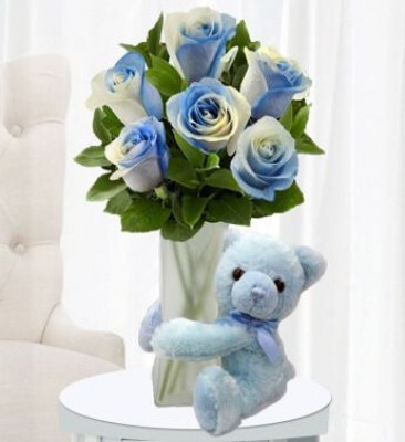 Blue Rose Bouquet with Blue Teddy Bear