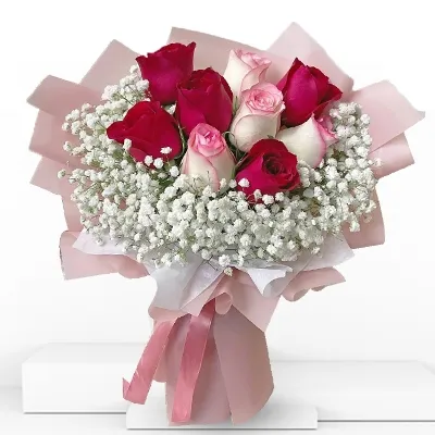 Red And Pink Rose Bouquet with Gypsophila