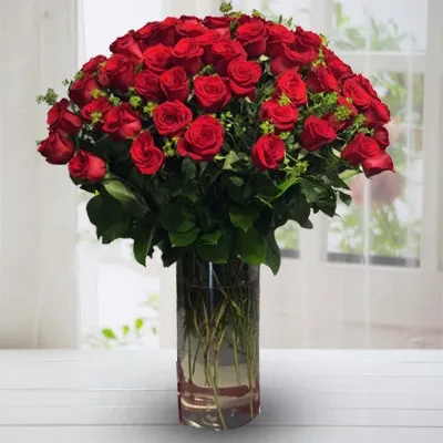 50 Red Roses in Vase