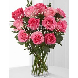 Dozen Pink Roses In Vase