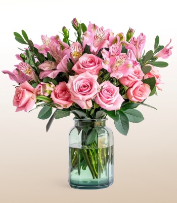 12 Pink Roses With Astromelias