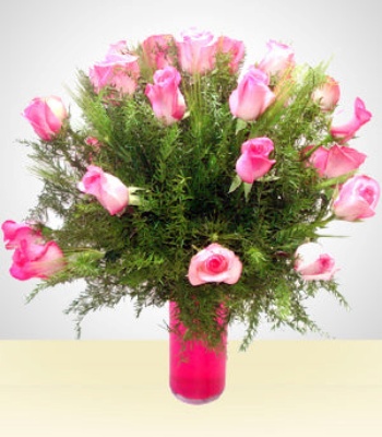 24 Pink Rose Arrangement In Glass Vase