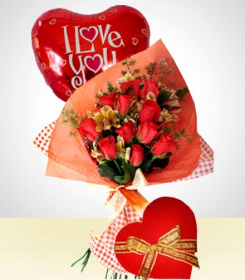 Chocolates With Flowers And Balloon