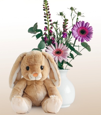 Gerbera And Wallflower Arrangement With Plush Rabbit