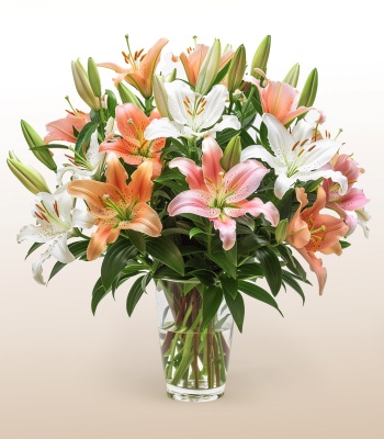 Lilies And Roses In Glass Vase