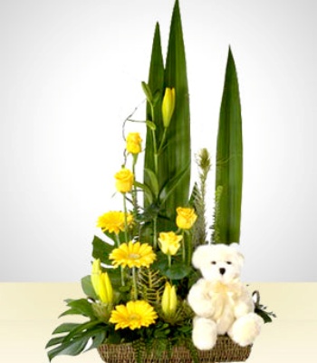 Yellow Roses And Teddy Bear Arrangement