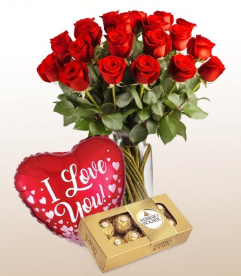 12 Red Roses with I Love You Balloon and Chocolate Box