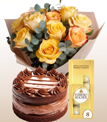 18 Yellow Roses with Chocolate Cake and Chocolates