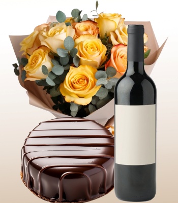 18 Yellow Roses with Chocolate Cake and Wine