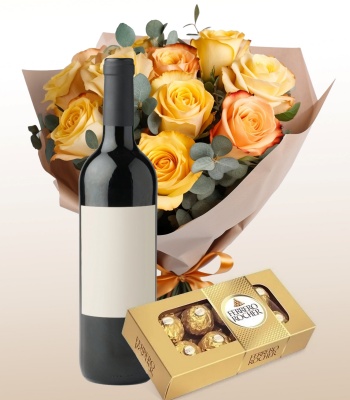 18 Yellow Roses with Chocolate and Wine