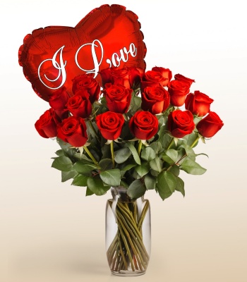 24 Red Roses with I Love You Balloon