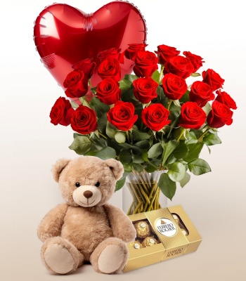 24 Red Roses with Teddy, Balloon and Chocolate Box
