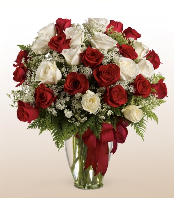 24 white and red roses