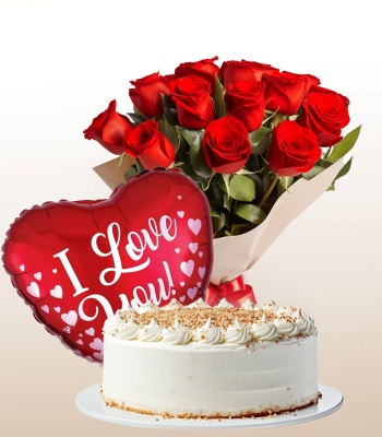 Cake With Red Roses And Balloon