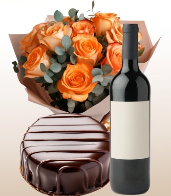 Chocolate Cake with Roses and Wine Bottle