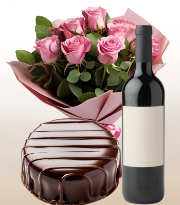 Chocolate Cake, Wine and Roses Gift Set