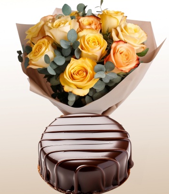 Chocolate Cake and Yellow Roses