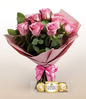 Dozen Pink Roses and Chocolates Box