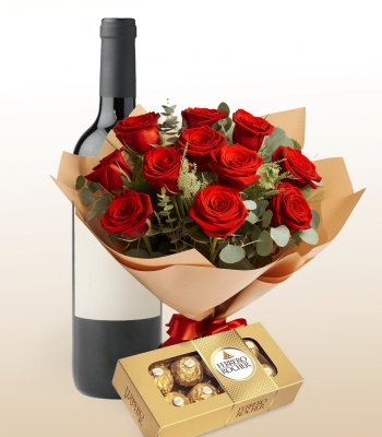 Dozen Red Roses with Wine and Chocolates