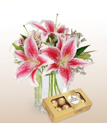 Ferrero Rocher Chocolate Box and Pink Lilies