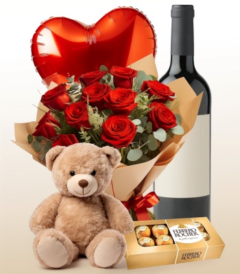 Gift Combo - Roses, Teddy Bear, Balloon, Wine and Chocolates