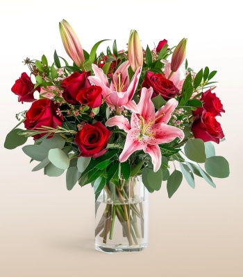 Pink Lily and Red Rose Flower Bouquet