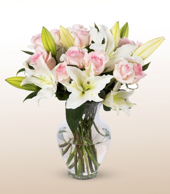 Pink and White Lilies in Vase