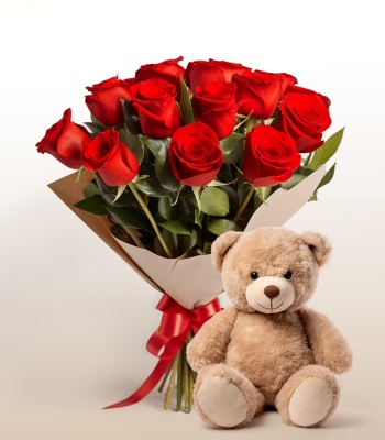 Rose Flower Bouquet and Teddy Bear