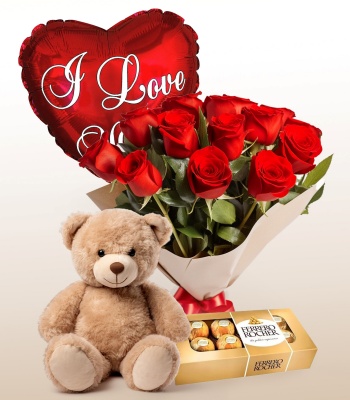 Roses, Teddy Bear, Balloon and Chocolate Gift Combo