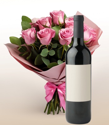 Wine Bottle and Rose Bouquet