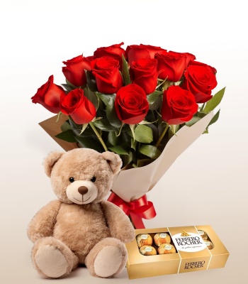 12 Red Roses With Teddy Bear And Chocolates