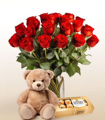 24 Red Roses With Chocolate And Teddy Bear