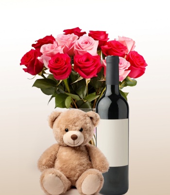 Flowers And Wine Combo With Teddy Bear