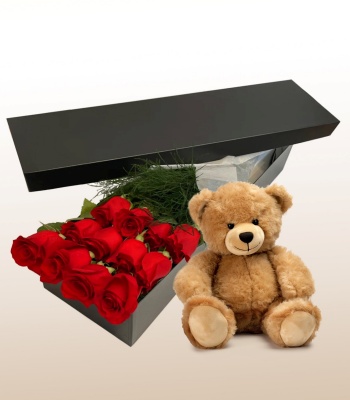 14 Roses Box & Teddy Bear